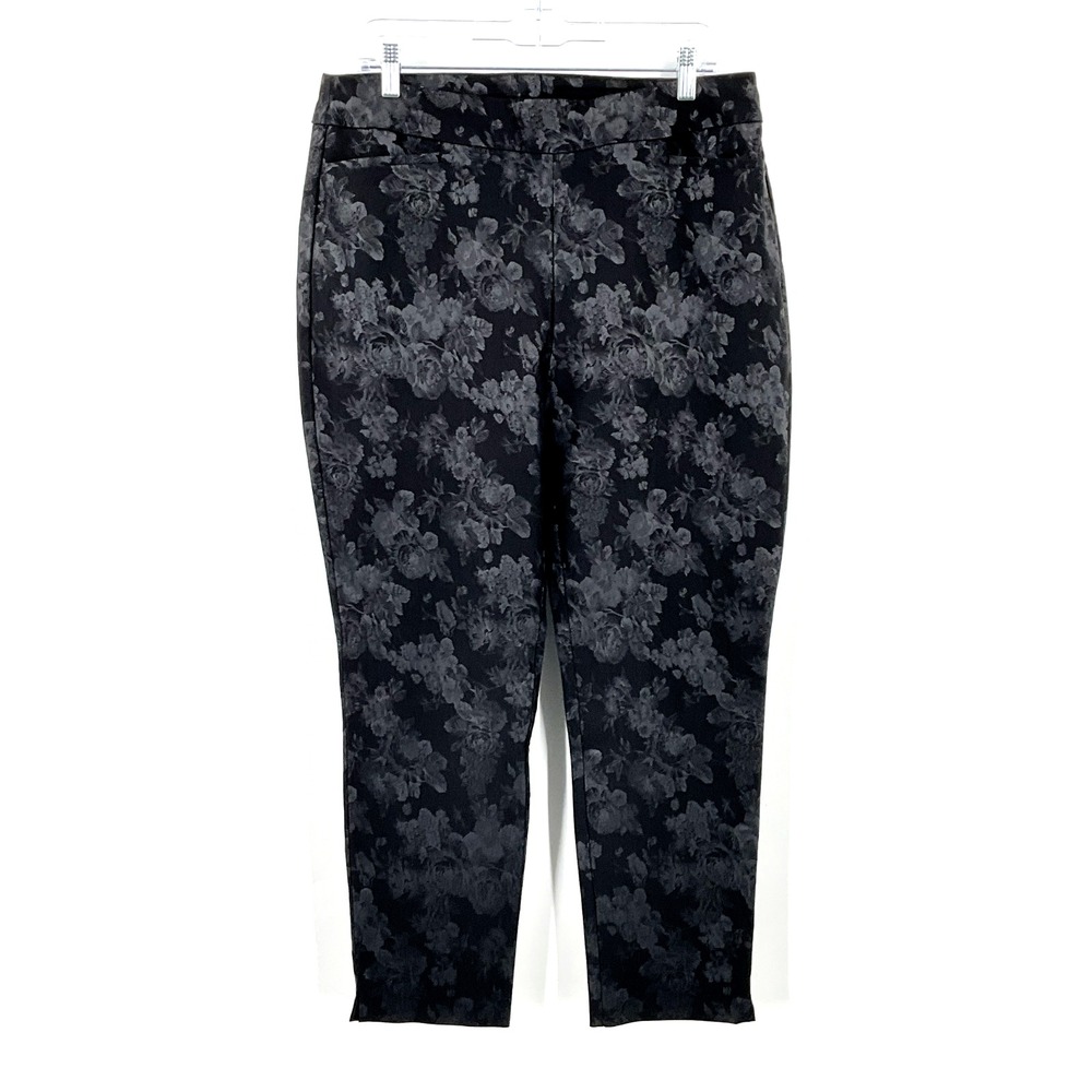 Chico's‎ Pants Women 12 R Black Gray Floral Print Pull On Stretch Pockets Casual